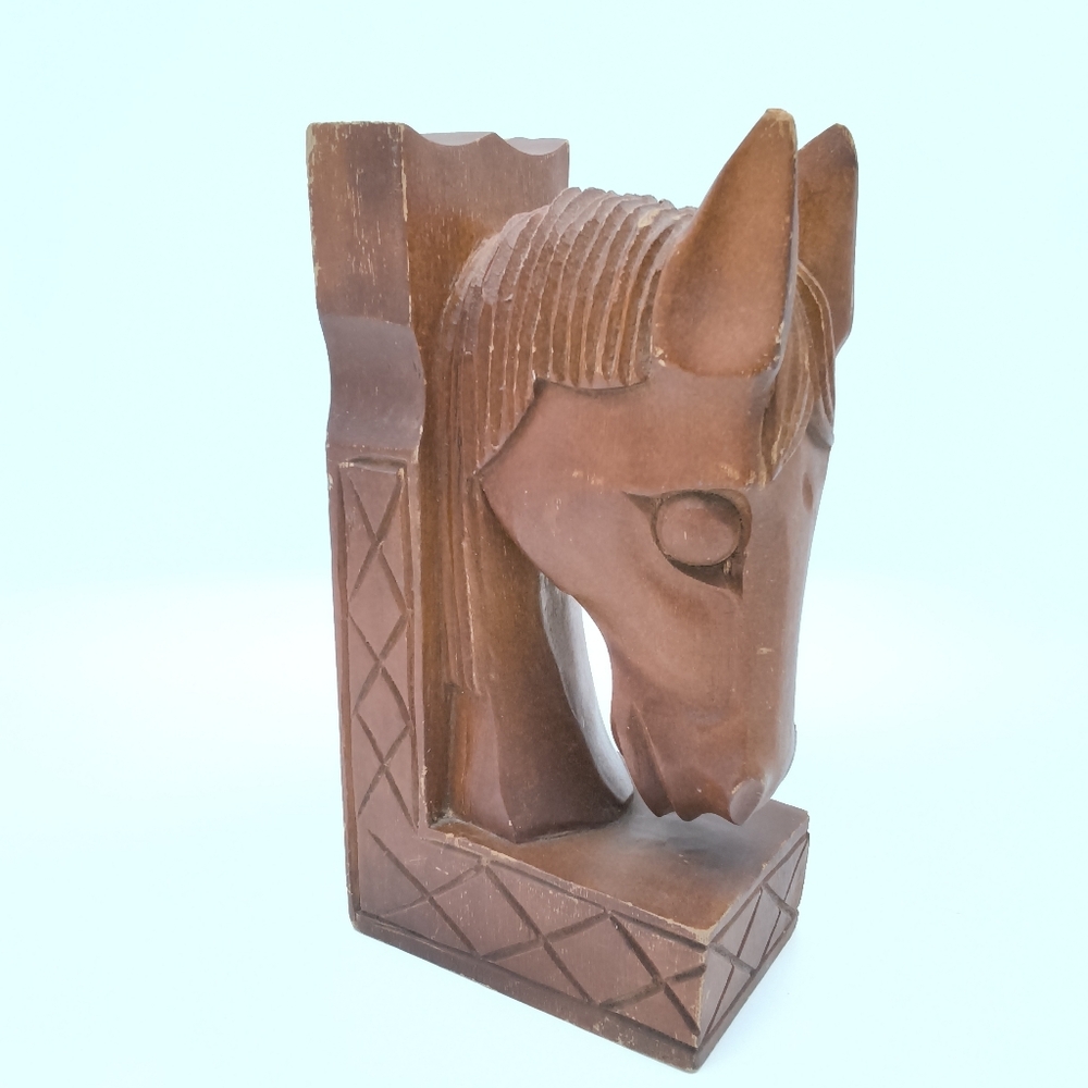 Vintage Mid-Century Hand-Carved Wooden Horse Head Bookend